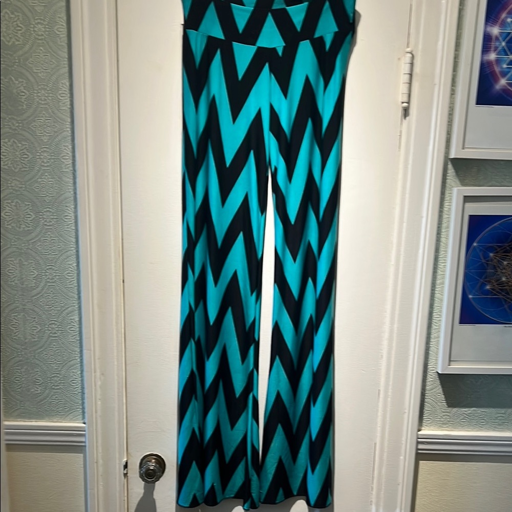 Black and Blue Wide Leg Pants with Chevron Pattern